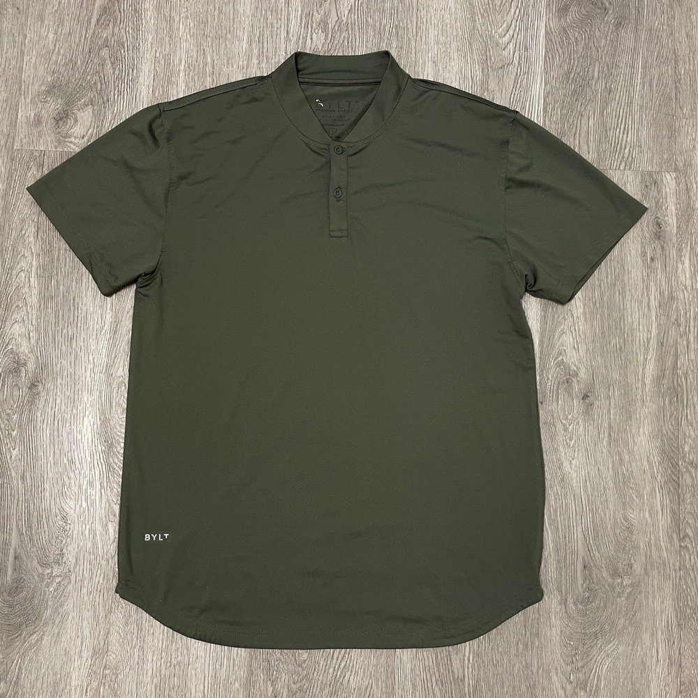 BYLT Polo Shirt Mens Large Olive Green Blade Collar Drop Cut Stealth Golf Tech